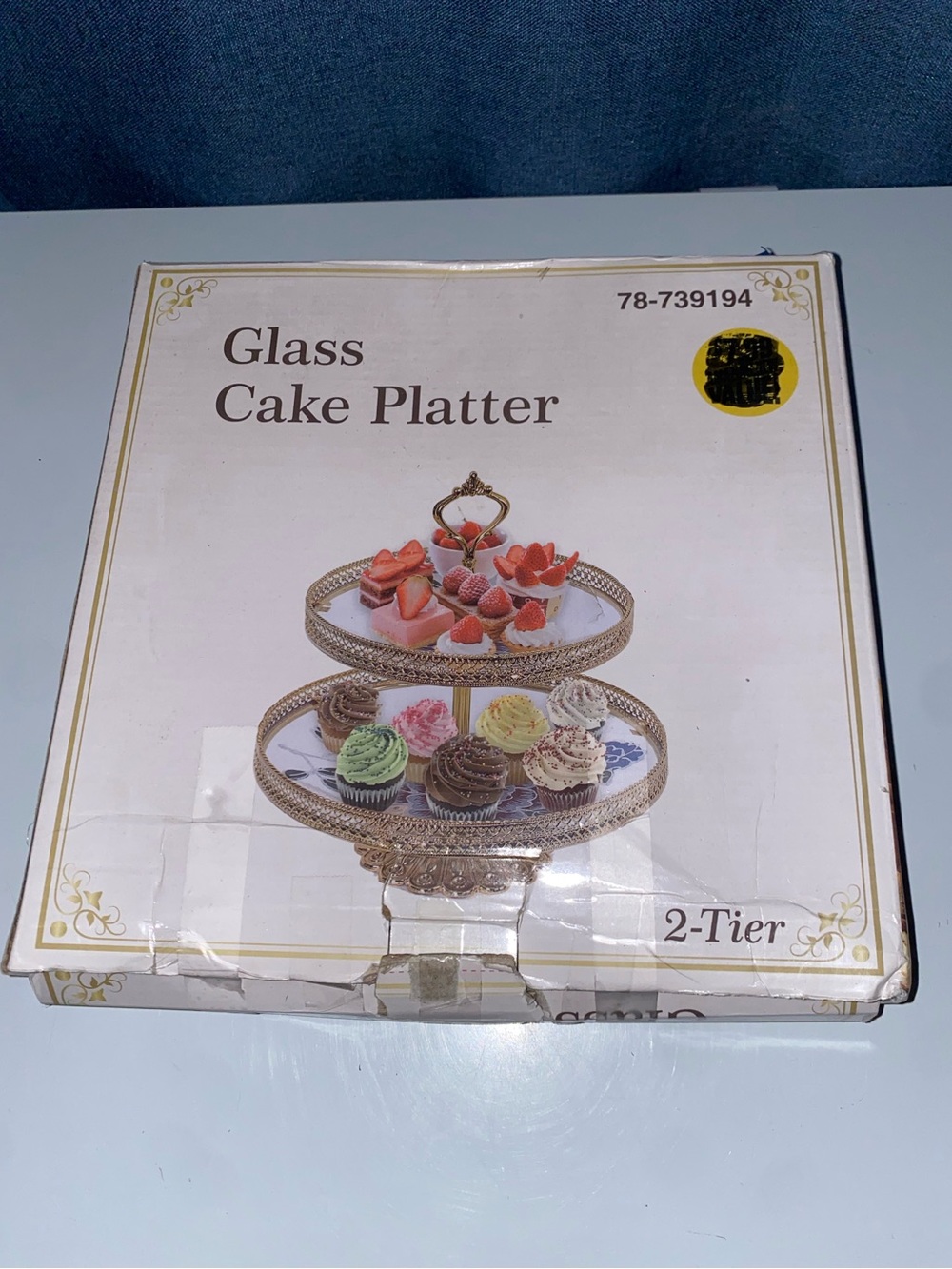 NWT’s 2-Tiered Glass Cake / Cupcakes Platter - Gold Tone Trimming - Picture 3 of 5